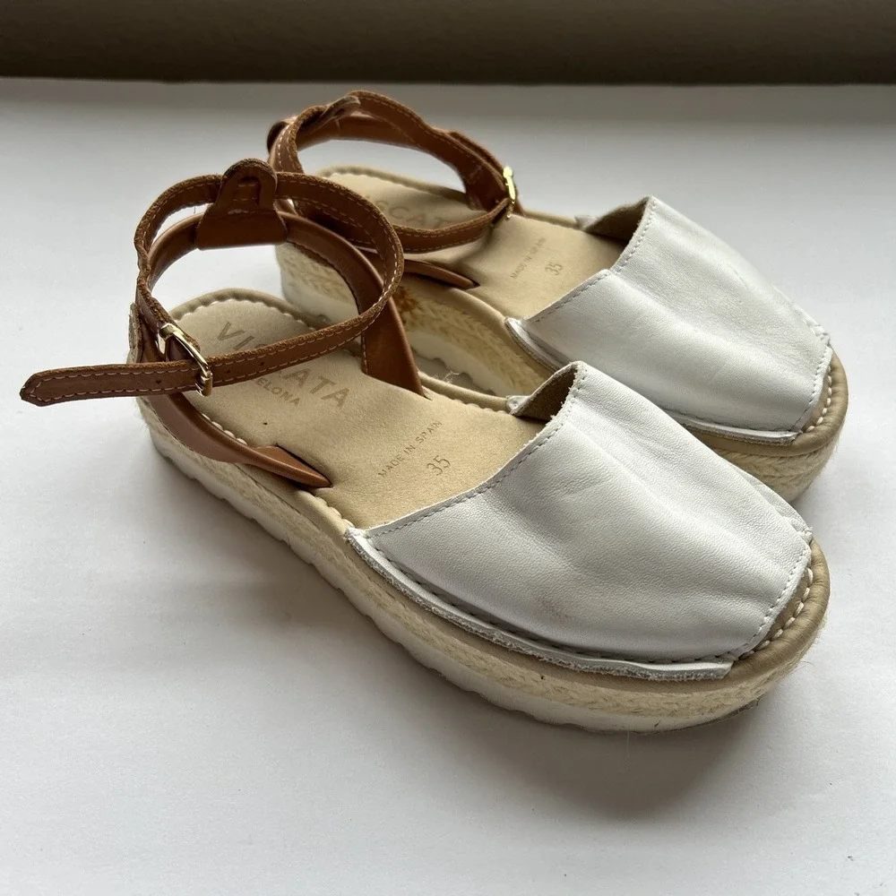 VISCATA BARCELONA Brown White Leather Espadrille Sandals Ankle Strap‎ EU 35 US 5
